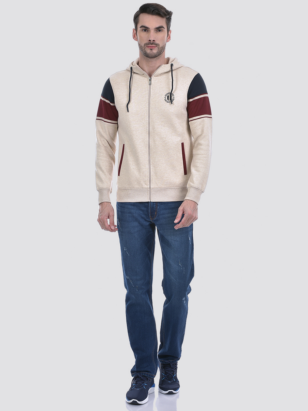 Numero Uno Men Cream Color Block Hooded Neck Brushed Fleece Sweatshirt